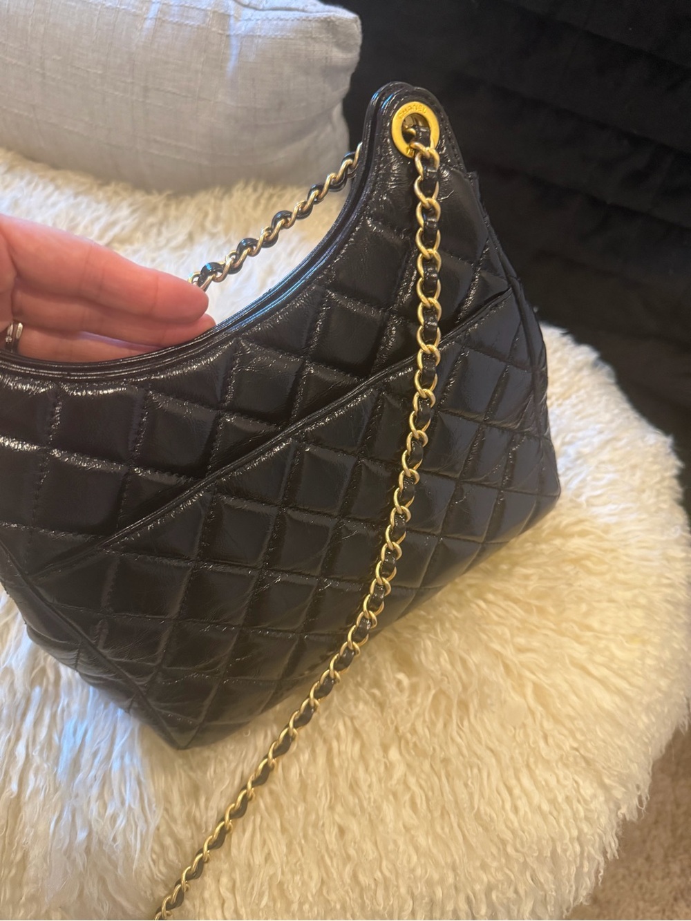 CHANEL Black Quilted Patent Leather Crossbody with Gold Chain & CC Turnlock - Picture 3 of 9